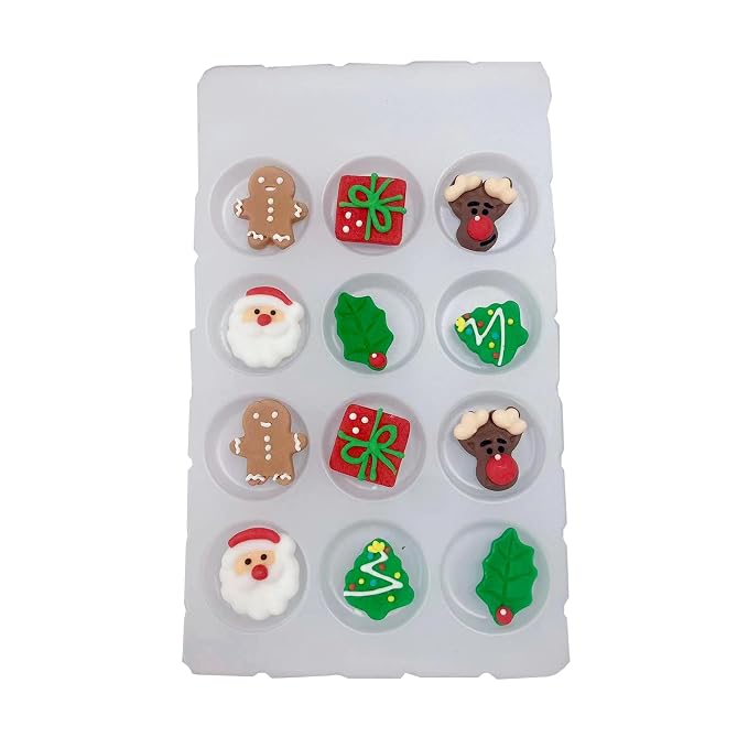 Sentovac 12 Pcs Christmas Icing Decoration Santa Claus Christmas Tree Christmas Leaf Gingerbread Man Deer head Gifts Mix Candy Dessert Edible For Cookie Cake Cupcake Topper Icing Decoration Supplies