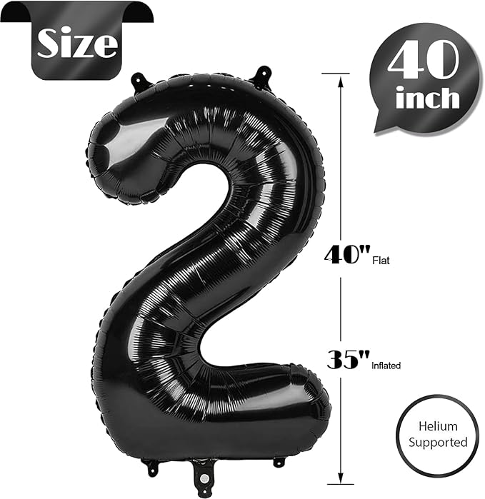 Black Number 2 Balloon 40 Inch, 2nd Birthday Decoration for Toddlers Girls Boys, Sparkling 2 Number Balloon Party Decor