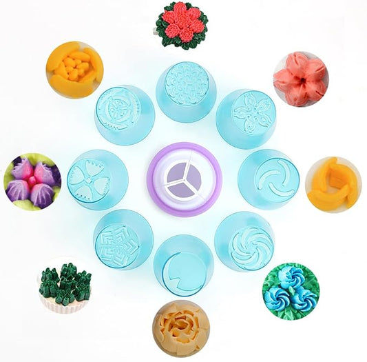 10 Pieces Plastic Cake Decorating Russian Icing Tips Set, 8 Russian Flower Piping Tips,1 Coupler,1 Plastic Piping Bag for Cake Decoration, Icing Floral Piping Nozzles,Pastry Baking Tools