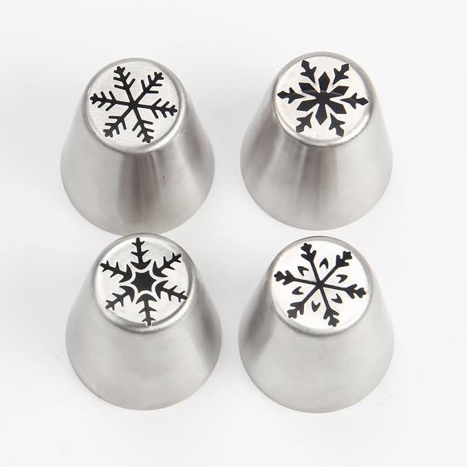 4PCS Christmas Russian Icing Tips Set, Stainless Steel Piping Nozzles for Cake, Cupcake Cookie Decorating – Includes 4 Creative Festive Frosting Tips with Christmas Designs