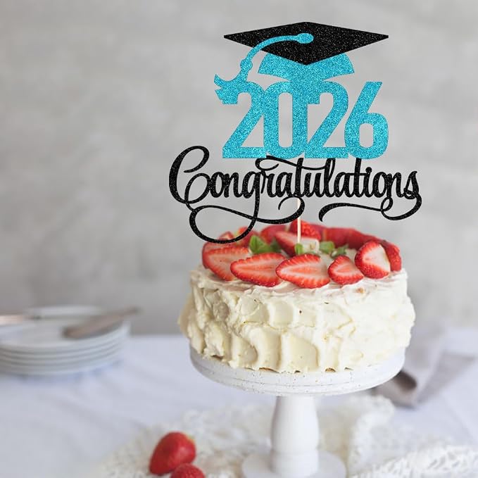 Black blue Glitter 2026 Congratulations Graduation Cake Topper,Congrats Grad Cake Decor - 2026 High School/College/Senior Graduation Party Decorations Supplies