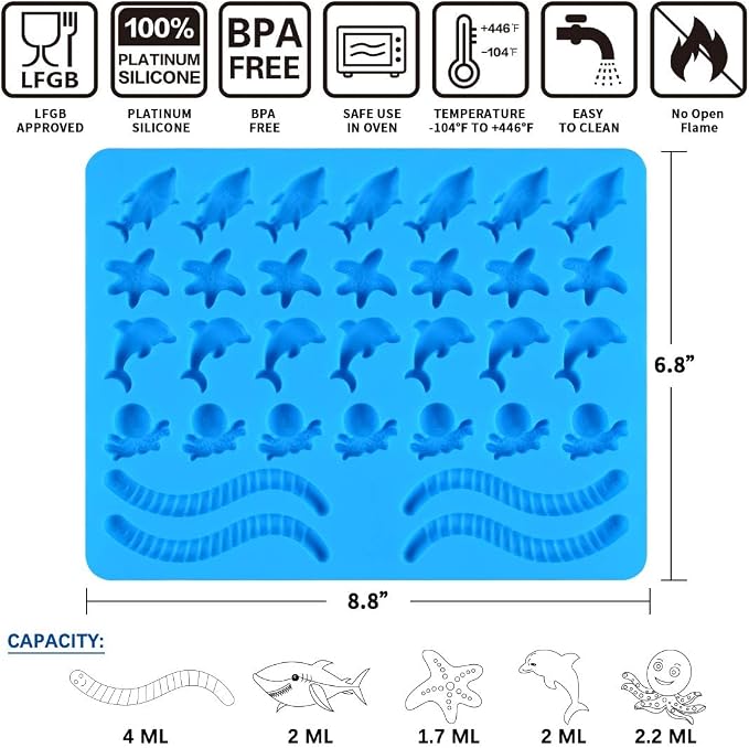 Gummy Molds Hard Candy Molds - Candy Molds Silicone Including Worms, Starfishs, Dolphins, Octopus, Sharks Sea Mold, Pack of 3 Ocean Molds