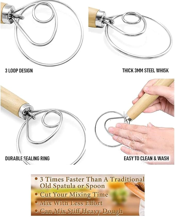 Danish Dough Whisk with Dough Scraper Bread Lame with 5 Blades and Leather Cover 13" Dutch Bread Whisk Bread Mixer Stainless Steel Dutch Bread Dough Whisk Hand Mixer for Sourdough, Pizza, Pastry, Cake