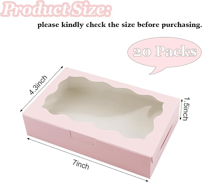 Cookie Boxes with Window Pink Bakery Boxes 7 x 4.3 x 1.5 Inch Takeout Treat Boxes for Cookies, Donuts, Pastry, Strawberries, Macarons(20PCS)
