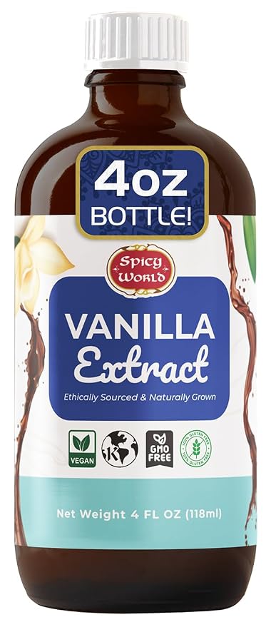 Spicy World Pure Vanilla Extract 4oz - 100% Real Vanilla Extract - Made from Grade B Vanilla Beans - For Cooking, Drinks & Desserts - 100% Vegan, Sugar Free & Kosher - Non-GMO & Gluten-Free - Glass Bottle (4 Ounce Bottle)