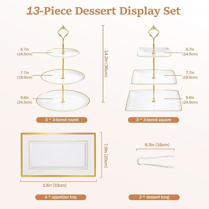 Lzerking 13pcs Dessert Table Display Set, 6 3-Tiered Cupcake Stands (3round & 3square) with 4 Trays & 3 Tongs, White Gold Plastic for Wedding, Tea Party, Baby Shower Decor, Birthday Party Decoration