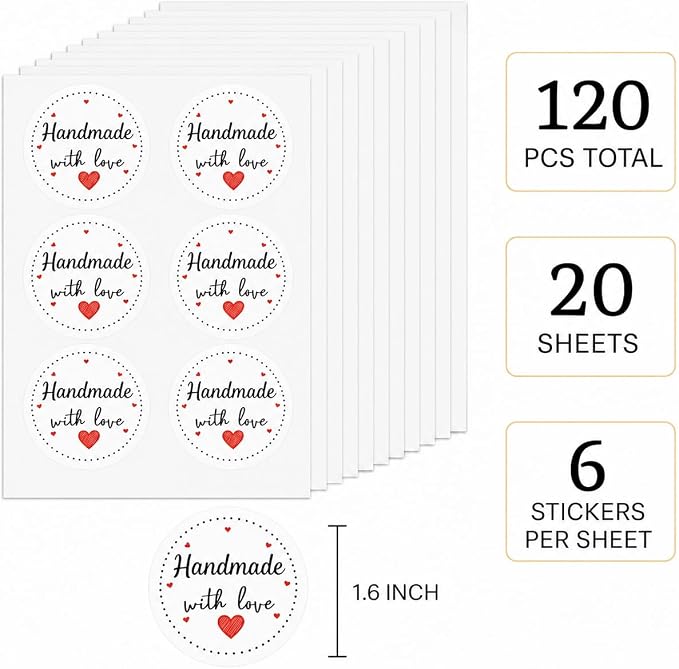 Handmade with Love Stickers: Strong Adhesive Smudge-Proof 120 Pcs 1.6" Round Self-Adhesive Decals for Bakery Small Business Gift Bags Envelopes Wedding Party Favors DIY Crafts