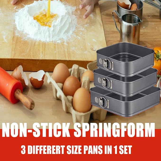 Springform Cake Pan Square 9.5inch,10inch,11inch, Set of 3 non stick leakproof cake baking pans with removable bottom, Non Stick Carbon Steel…
