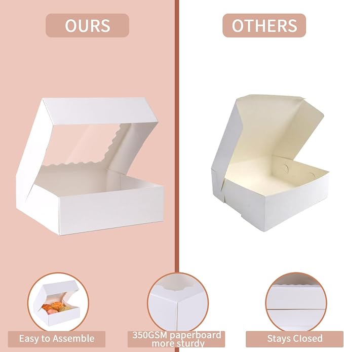 36 pcs 10x10x2.5 Inches Cake Box with Window, Bakery Pastry Cookie Boxes, Mini Pie for Pastry,Dessert,Strawberries,Chocolates (White, 10x10x2.5 Inch/36pcs)