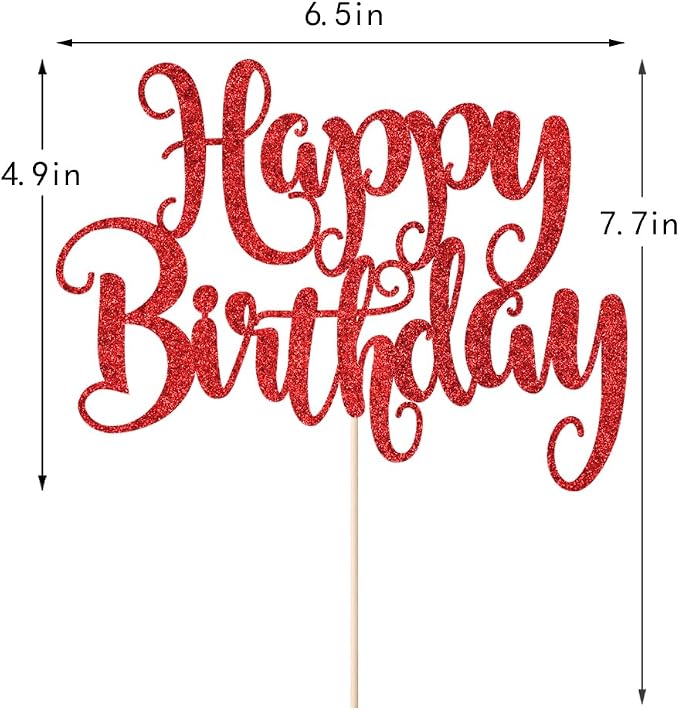 Happy Birthday Cake Topper- Glitter Happy Birthday Cake Decor, Handmade Anniversary/Birthday Party Supplies (Red)