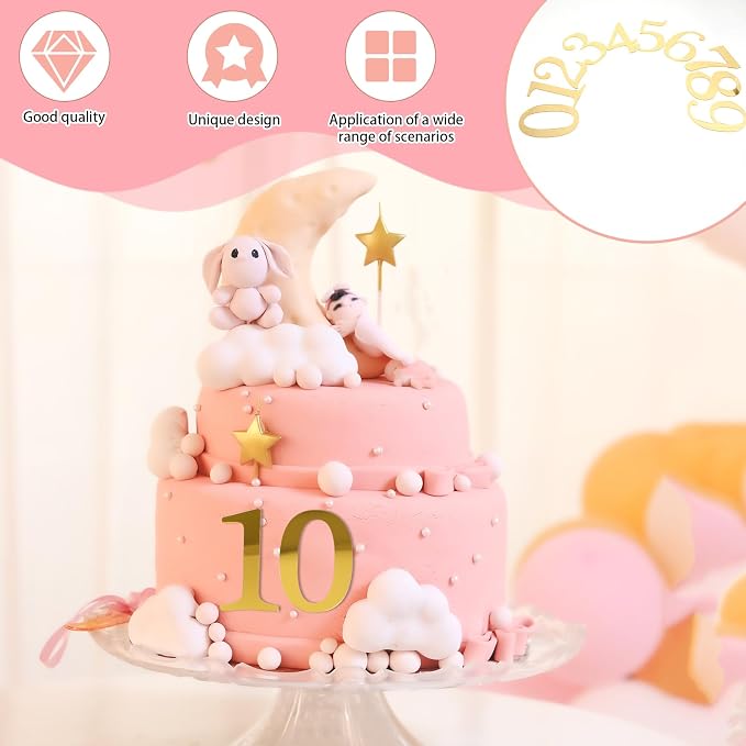 3.7 IN 0-9 Gold Birthday Number Cake Toppers Large Golden Acrylic Cake Numbers Topper Acrylic Wedding Party Cupcake Toppers Cake Decorating Supplies for Birthday Wedding Anniversary Party