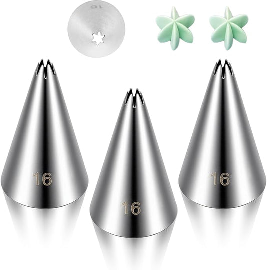 3 Pieces Cake Decrorating Tip #16, Cake Piping Tips Open Star Icing Pipings Tip Seamless Icing Tips Stainless Steel Cupcake Piping Tipes for Frosting Macarons Dessert Cakes Decorations