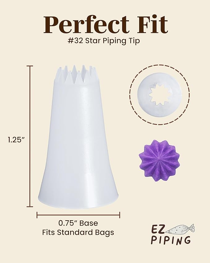 Reusable Plastic Piping Tips Standard Size Star Tip #32 20 Packs Icing Nozzles for Cake Decoration and Dessert Design Icing Baking Supplies Base Ø 0.75" Height 1.25"