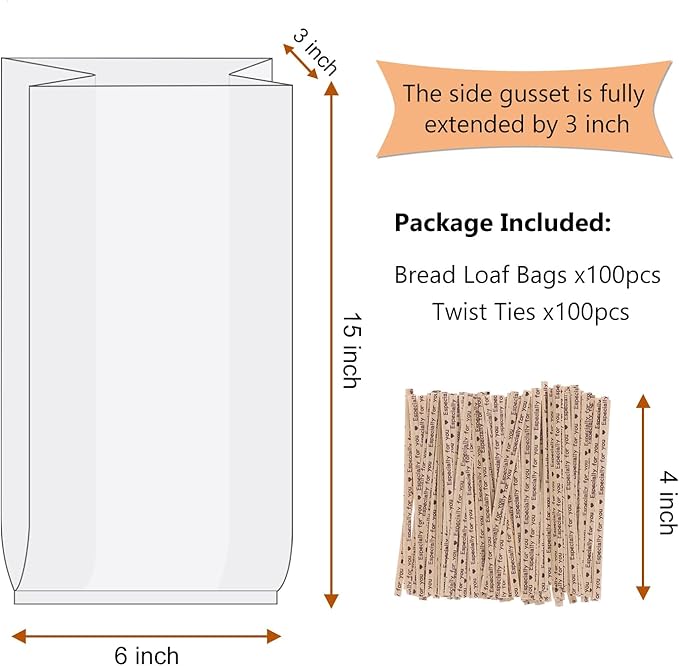 Bread Poly Bags,100 Pieces 15x3x6 Inches Bread Loaf Packing Bags with 100 Twist Ties,Clear Thick Gusseted Grocery Bakery Bag (Medium-6x3x15)