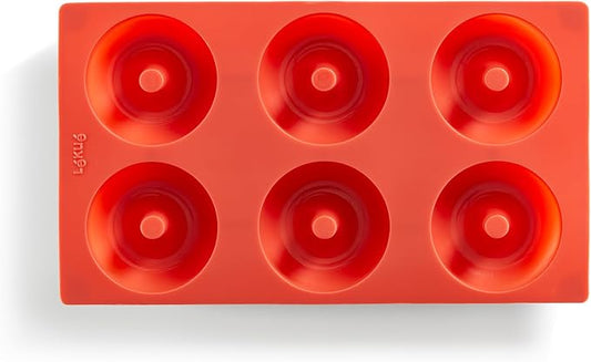 Lékué Platinum Silicone Donut Mold | 6 Non-Stick Holes For Baking - No Grease Needed | Pop-Out Oven Cake Molds | Heat-Resistant, Freezer Safe, Microwave Safe, Dishwasher Safe | Red