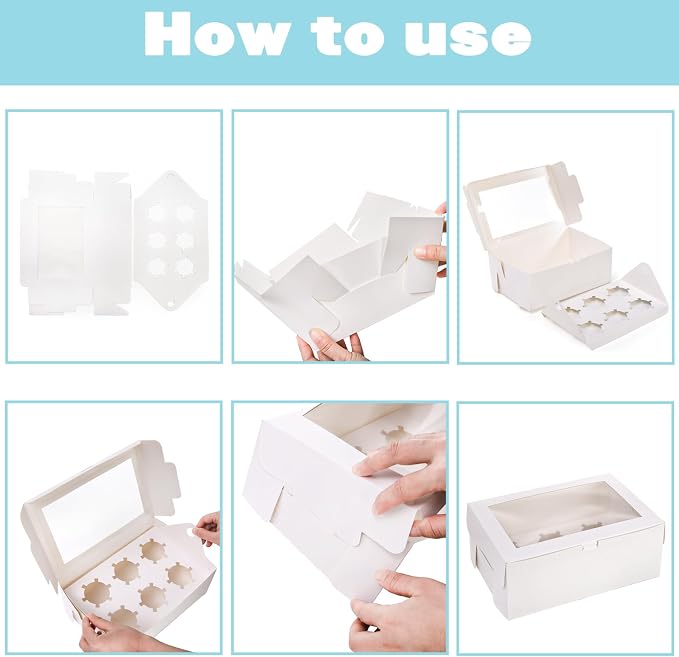 Yesland 30 Pack White Jumbo Cupcake Boxes, 6 Cupcake Containers with Windows, Handle Tray and Inserts, 10 x 6.8 x 4inch Tall Paper Cupcake Holder Carrier for Muffins, Standard or High Creams Cupcakes