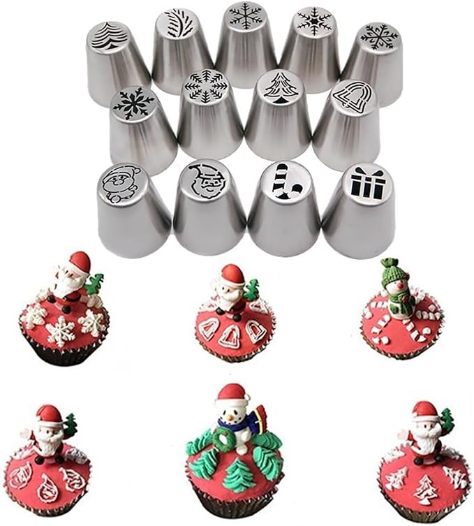 15pcs Christmas Russian Icing Piping Tips Set Flower Frosting Tips Nozzles Stainless Steel Piping Nozzles Cake Decoration