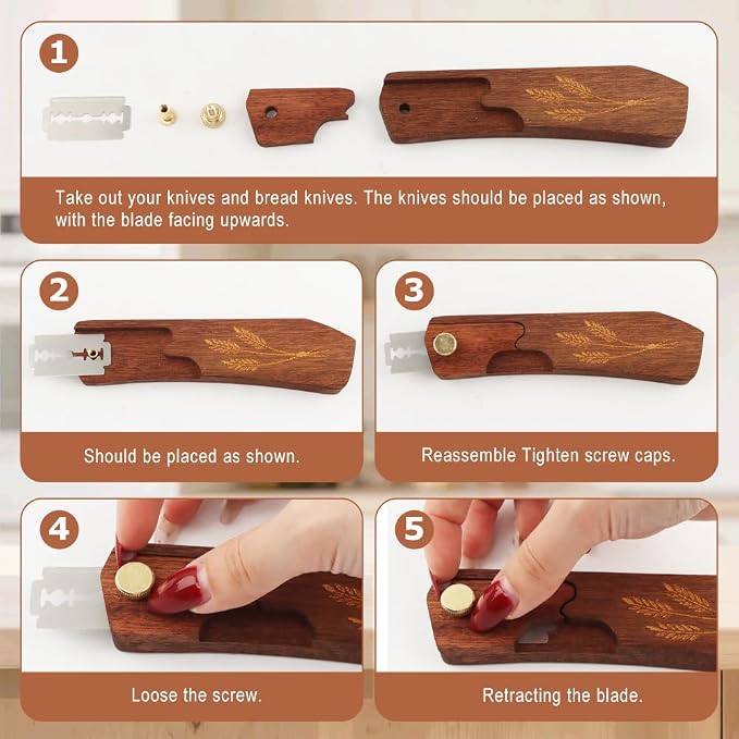 Wooden Bread Dough Scoring Lame, Upgraded Handcrafted Sourdough Bread Scoring Tool with 10 Pack Razor Blades and 4 Pcs Finger Cots, Professional Baking Accessory (Brown)