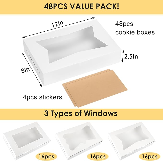 Moretoes 48pcs Bakery Boxes,12x8x2.5 Inches Cookie Boxes with 3 Style Window for Chocolate Covered Strawberries, Desserts, Cookies, with 4pcs Stickers