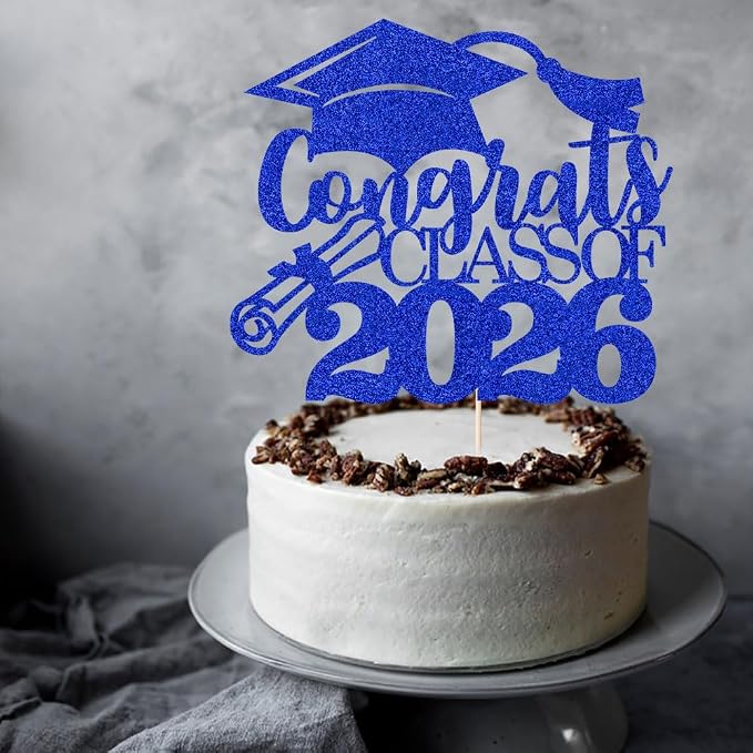 Congrats Class Of 2026 Cake Topper, Glitter Graduation Party Supplies - High School College Graduates -College Graduate Cake Topper Decorations Supplies(Congrats Class Of 2026 Dark blue)