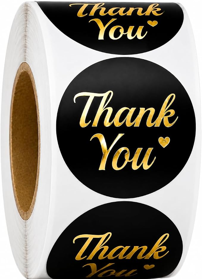 500 Thank You Stickers Roll – 1.5 Inch Black and Gold Foil Round Labels – Elegant Thank You Stickers Small Business Packaging, Envelopes, Gift Bags, Orders, Party Favors, Crafts