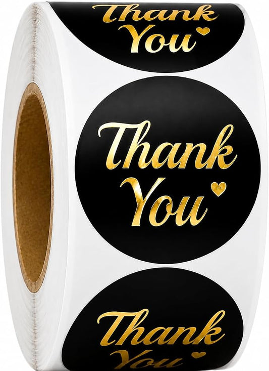 500 Thank You Stickers Roll – 1.5 Inch Black and Gold Foil Round Labels – Elegant Thank You Stickers Small Business Packaging, Envelopes, Gift Bags, Orders, Party Favors, Crafts