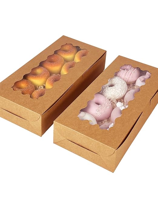 qiqee 50 Packs Brown Cookie Box with Window 12x5.5x2.5 Inch Two Uses Pastry Biscuit Bakery Box For Packaging