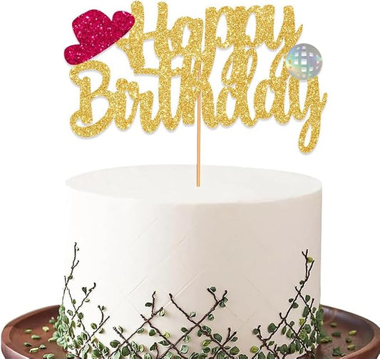 FBQ Glitter Golden Happy Birthday Cake Topper Disco Ball Cake Decorations Dancing Themed Supplies