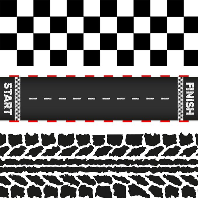 Race Car Edible Cake Wrap Topper Decoration, Checkered Flag, Racing Track, Tire Border, 4 x 12 Inches per Sheet