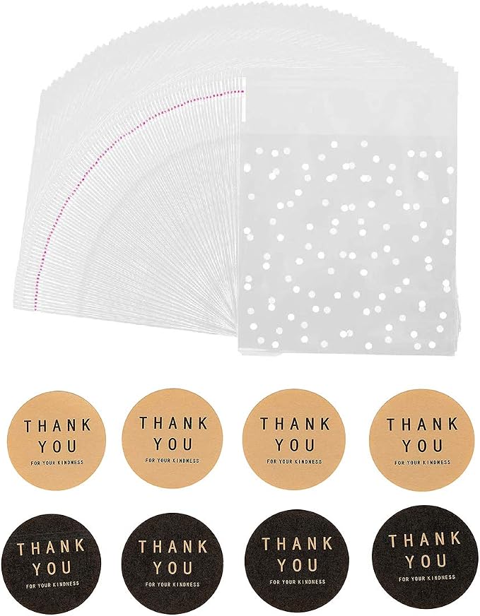 400PCS White Polka Dot Treat Bags Set Self Adhesive Candy Cookie Bags Set, 200 Clear Cellophane Bags + 200 Thank You Sticker for Bakery Biscuit Snacks Dessert 3.94x3.94IN