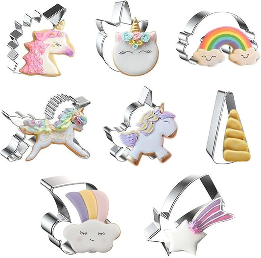 Unicorn and Rainbow Cookie Cutters, Set of 8, Cookie Biscuit Mold Food Grade Stainless Steel Fondant Cutters (Cartoon Cookie Cutters Set) For Cake Decoration