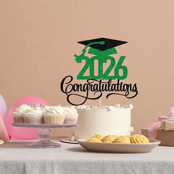 Black green gold Glitter 2026 Congratulations Graduation Cake Topper,Congrats Grad Cake Decor - 2026 High School/College/Senior Graduation Party Decorations Supplies