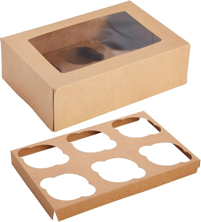 Juvale Cupcake Boxes - Clear Window Display - Easy Assembly for Muffin Packaging - Food Grade Cupcake Containers - Pack of 24, 6-Count, Brown Paperboard, 9.4 x 6.2 x 2.9 in