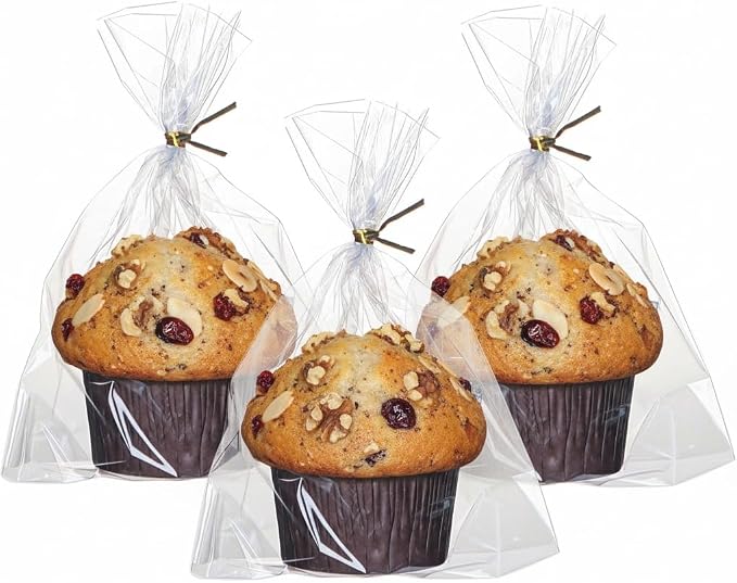 JCXGRVC 100 Pack 6"x2.4"x7" Cellophane Muffin Packaging with Gold Twist Ties Pro Grade Flat Bottom Design for Macarons Cupcakes Chocolate Treats Cookies Strawberries Reusable Resealable Bakery Bag