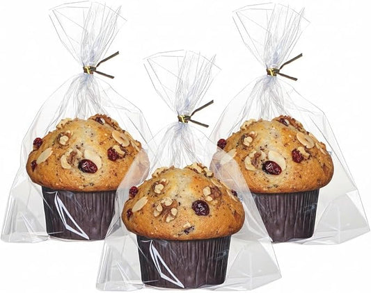 JCXGRVC 100 Pack 6"x2.4"x7" Cellophane Muffin Packaging with Gold Twist Ties Pro Grade Flat Bottom Design for Macarons Cupcakes Chocolate Treats Cookies Strawberries Reusable Resealable Bakery Bag