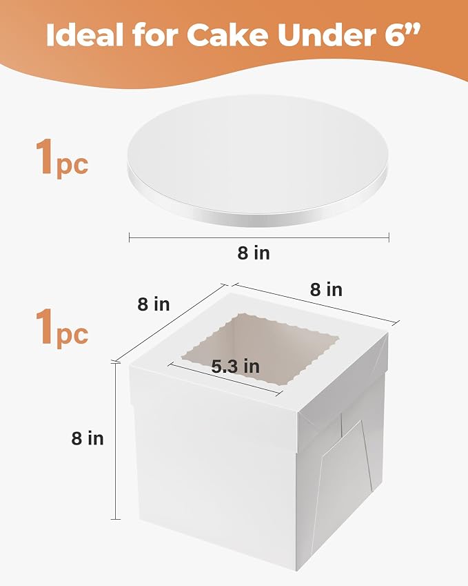 Kootek Cake Box with Board Drum, 8x8x8 Inches Tall Bakery Box with Window, Disposable Cake Container with Lid for Cake, Treat Cookie Dessert, Pastry, Birthday Party, Weddings