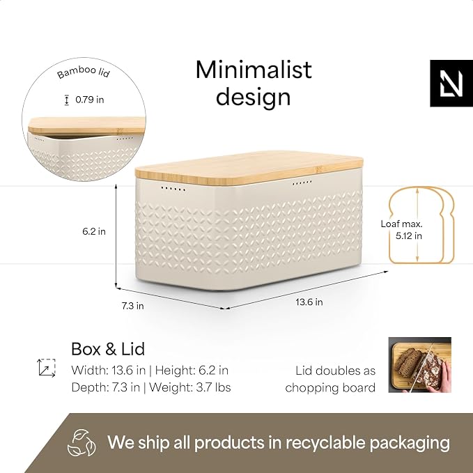 LARS NYSØM Bread Box I Metal bread box for long lasting freshness with non-slip pads I Baked goods Bin with bamboo lid usable as cutting board I 13.6x7.3x6.2in (Cream Beige)