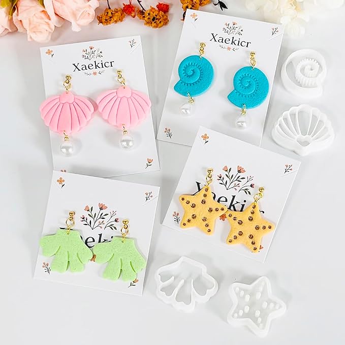 Xaekicr 4PCS Ocean Theme Polymer Clay Cutters Set – Starfish Seashell Clay Earring Cutters – Clay Tools for Polymer Clay Jewelry Making, Beach DIY Crafts Supplies