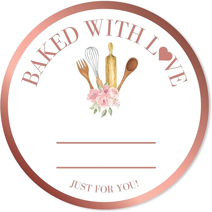 Mobiusea Creation Rosegold Baked with Love Stickers | 2 Inch 300pcs Packaging Labels for Baked Goods, Bakery Label Roll, Bread Sticker, Cookie Packaging & Baking Business Essentials