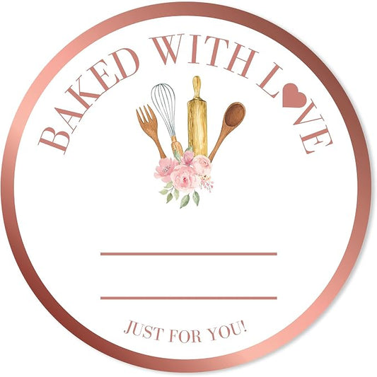 Mobiusea Creation Rosegold Baked with Love Stickers | 2 Inch 300pcs Packaging Labels for Baked Goods, Bakery Label Roll, Bread Sticker, Cookie Packaging & Baking Business Essentials