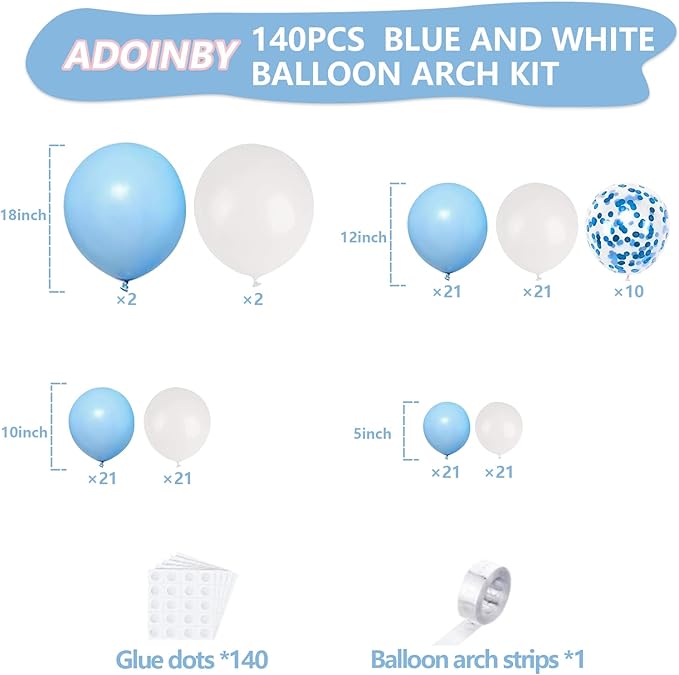 Blue and White Balloon Arch Kit, ADOINBY 140Pcs Pastel Light Blue and White Balloon Garland kit, 18 12 10 5 Inch Different Size Balloons for Baby Shower Birthday Gender Reveal Anniversary Decorations