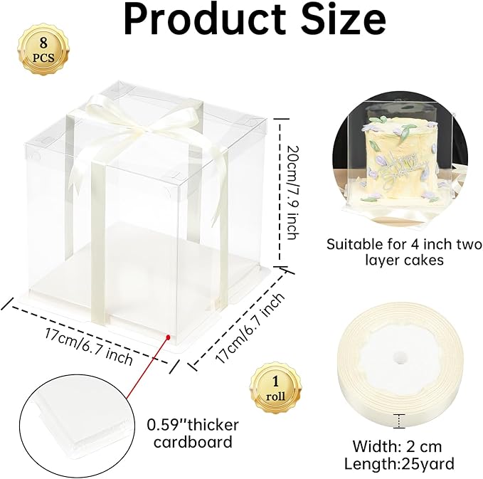 8 Pcs Clear Gift Box with Ribbon 2-Layer 6.7x6.7x7.8 Inch, Transparent Cake Carrier Box with Lids, PET Tall Cake Packaging Boxes, Clear Gift Boxes for Birthday,Wedding and Festival Party