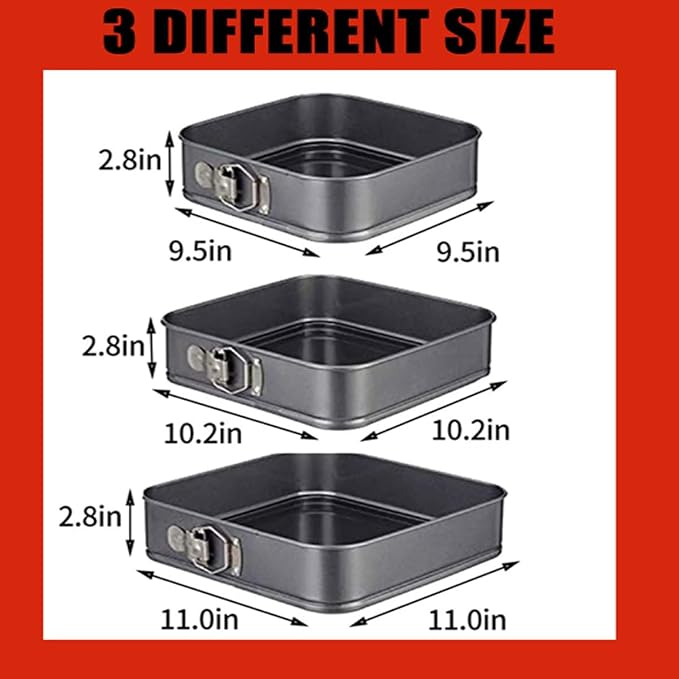 Springform Cake Pan Square 9.5inch,10inch,11inch, Set of 3 non stick leakproof cake baking pans with removable bottom, Non Stick Carbon Steel…