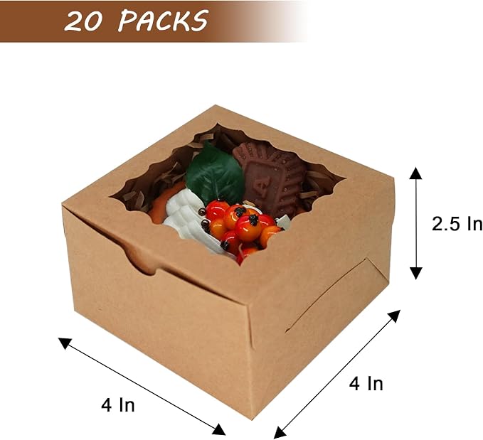 XINHPKGG 20pcs Cookie Boxes 4x4x2.5 Inch Bakery Boxes with Window Treat Box Dessert Box for Wedding Favors Party - Brown