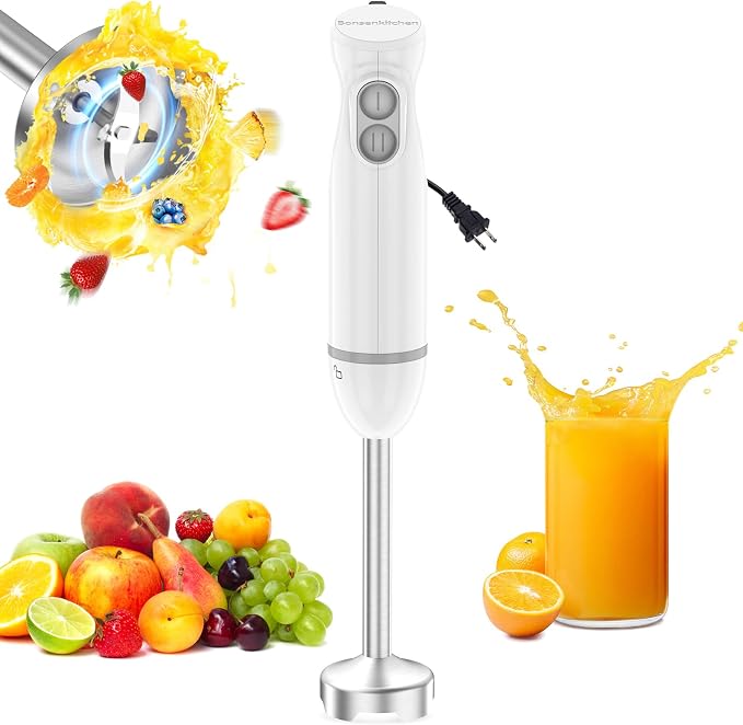 Bonsenkitchen Hand Blender, Immersion Blender with 2 Mixing Speed, Electric Portable Handheld Stick Mixer with Stainless Steel Blades for Soup, Smoothie, Puree, Baby Food, White