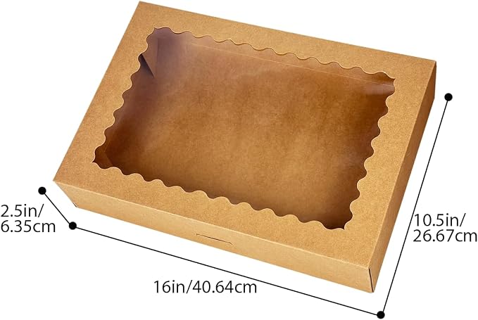 qiqee Auto-pop Up Brown Cookie Box with Window 16x10.5x2.5 Inch 24Pcs Bakery Pastry Macaron Bakery Box for Packaging