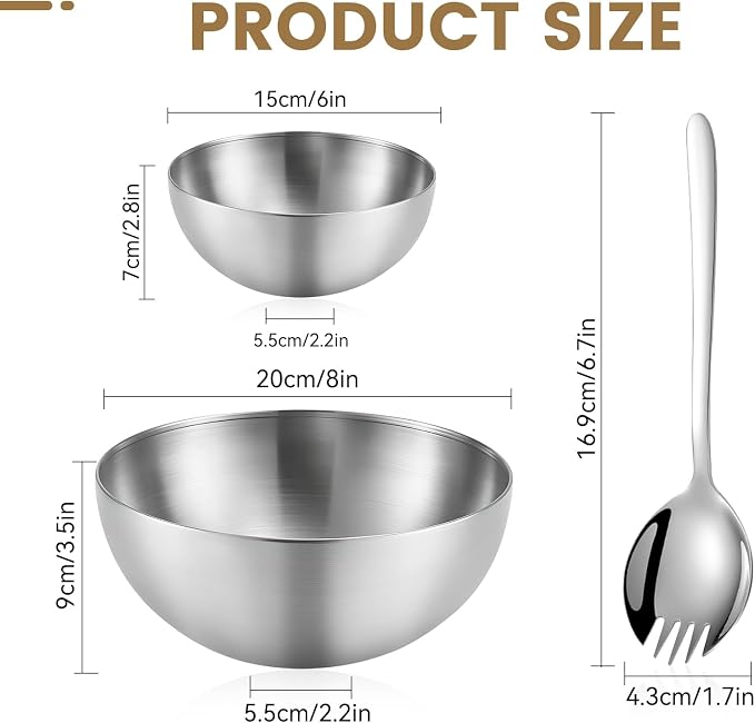 Mixing Bowls, 2 PCS Salad Bowls Set, Stainless Steel Metal Nesting Bowls with Salad Fork, 6 & 8 Inch Fruit Bowls for Cooking, Baking, Prepping, Dishwasher Safe Kitchen Supplies