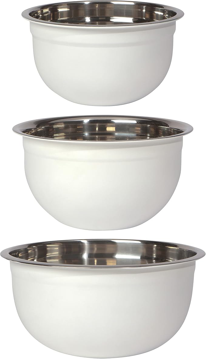 Now Designs Matte Coated Steel Mixing Bowls, White, 5 qt, 3 qt, 1.5qt, Set of 3