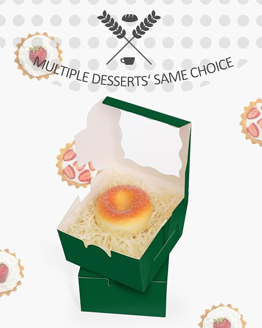 qiqee Deep Green Bakery Boxes with Window 55pcs 4x4x2.5 Mini Cookie Boxes Macaron Boxes Small Donut Pastry Boxes for Party