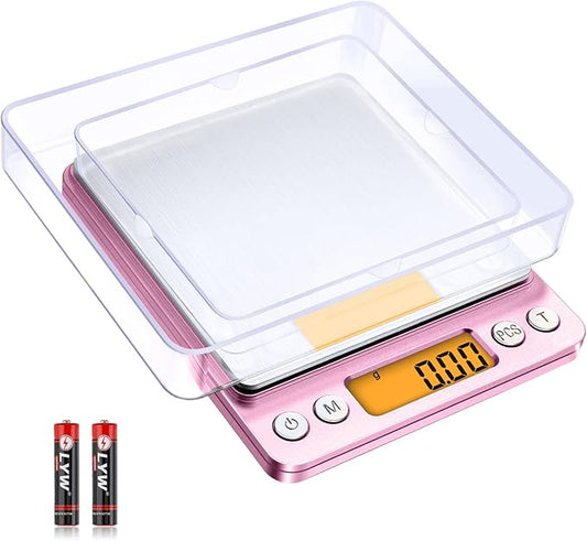 0.01g High Precision Kitchen Food Scale, Diyife 500g Portable Digital Scale with LCD Display, Tare, Multifunctional Gram Scale Weight for Cooking, Baking, Jewelry, 2 Tray, Batteries Included, Pink